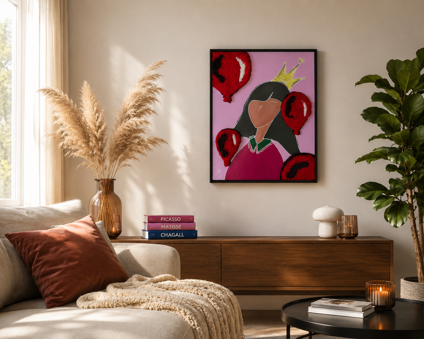 Tableau tufting peinture acrylique A festa de Mari Jinkings accroché au-dessus d'un canapé dans un salon lumineux