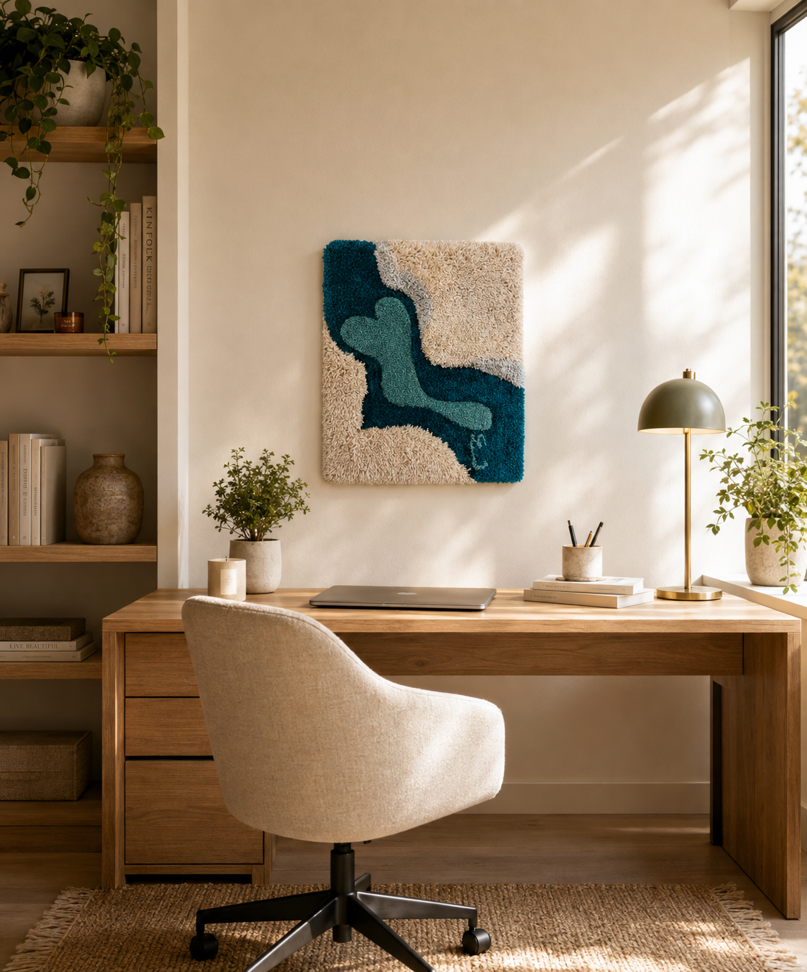 Tableau tufting petit format Mini dunes par Mari Jinkings accroché au mur au-dessus d'un bureau cosy