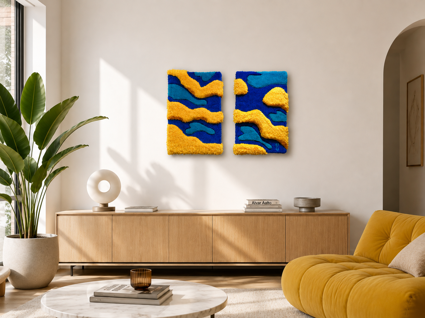 Diptyque tableau tufting Ouro Azul de Mari Jinkings suspendu sur un mur contemporain