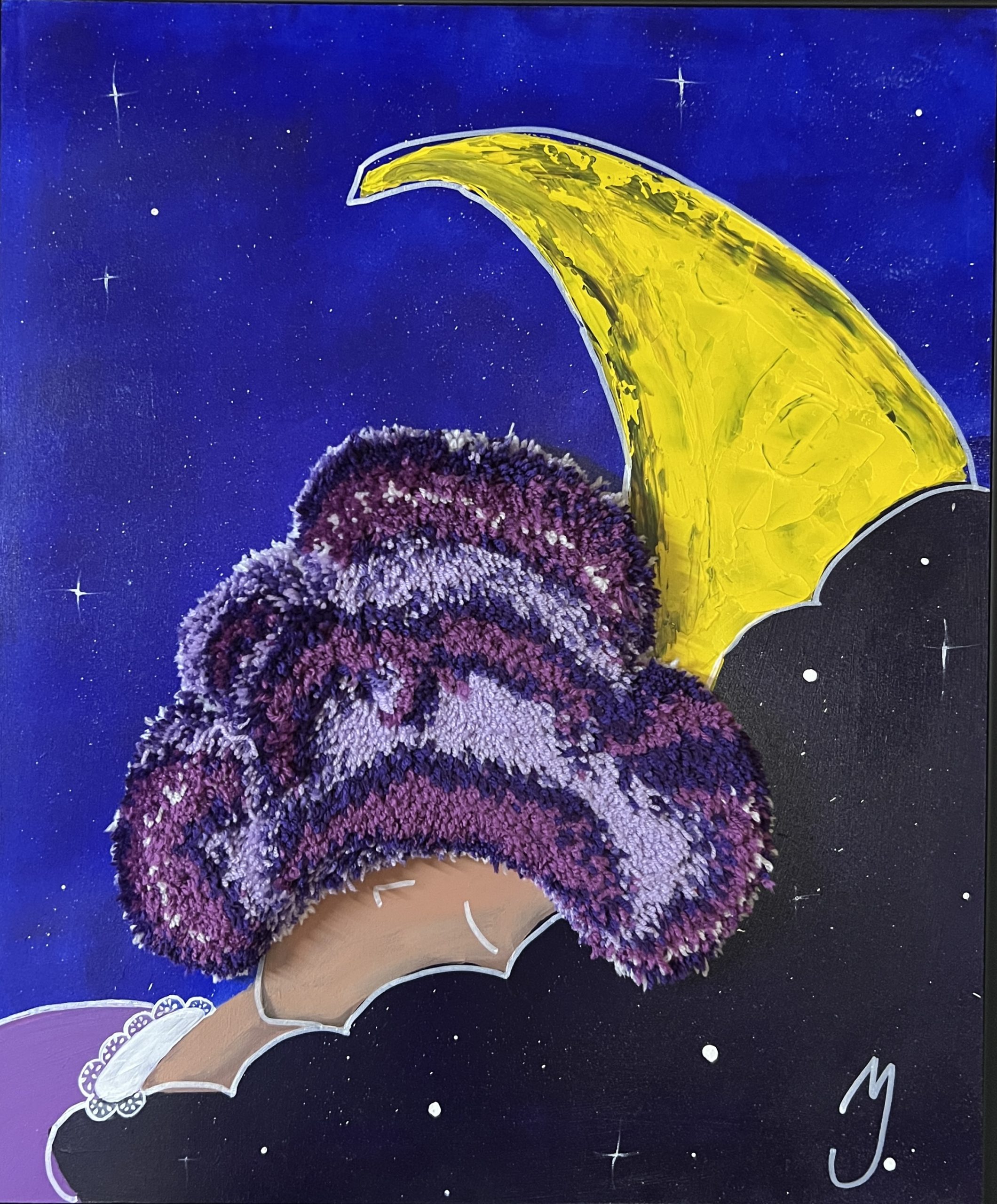 Tableau technique mixte encadré Soños (Rêves) par Mari Jinkings en caisse américaine noire 65x54 cm