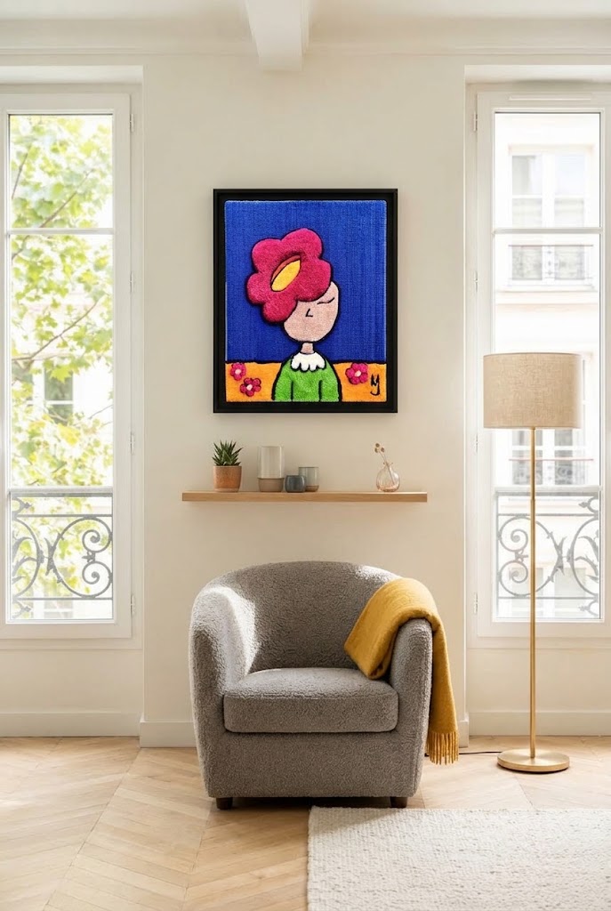 Tableau en tufting 'Le Fleurissement' encadré dans une caisse américaine noire, accroché au-dessus d'une étagère flottante dans un salon contemporain lumineux