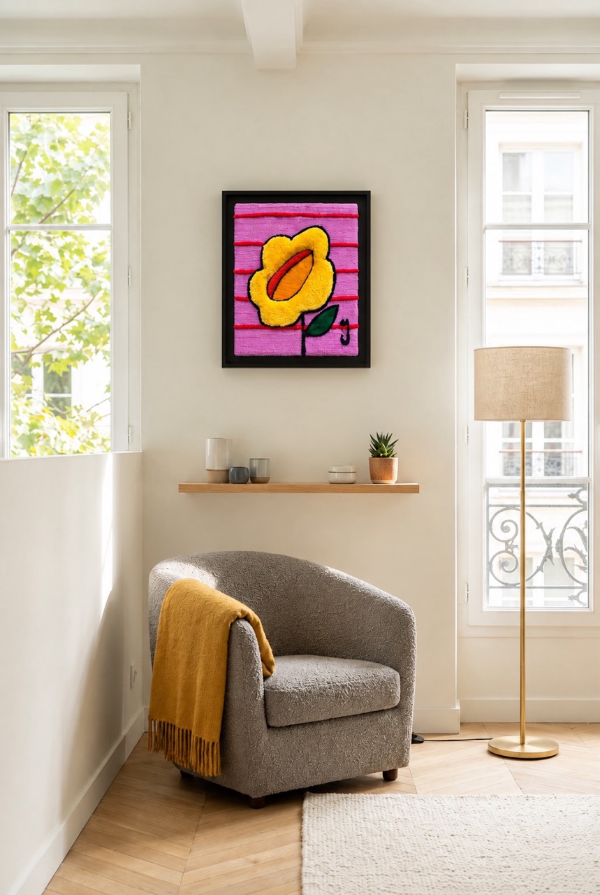 Tableau en tufting 55x46 cm avec caisse américaine noire installé dans un salon moderne et lumineux