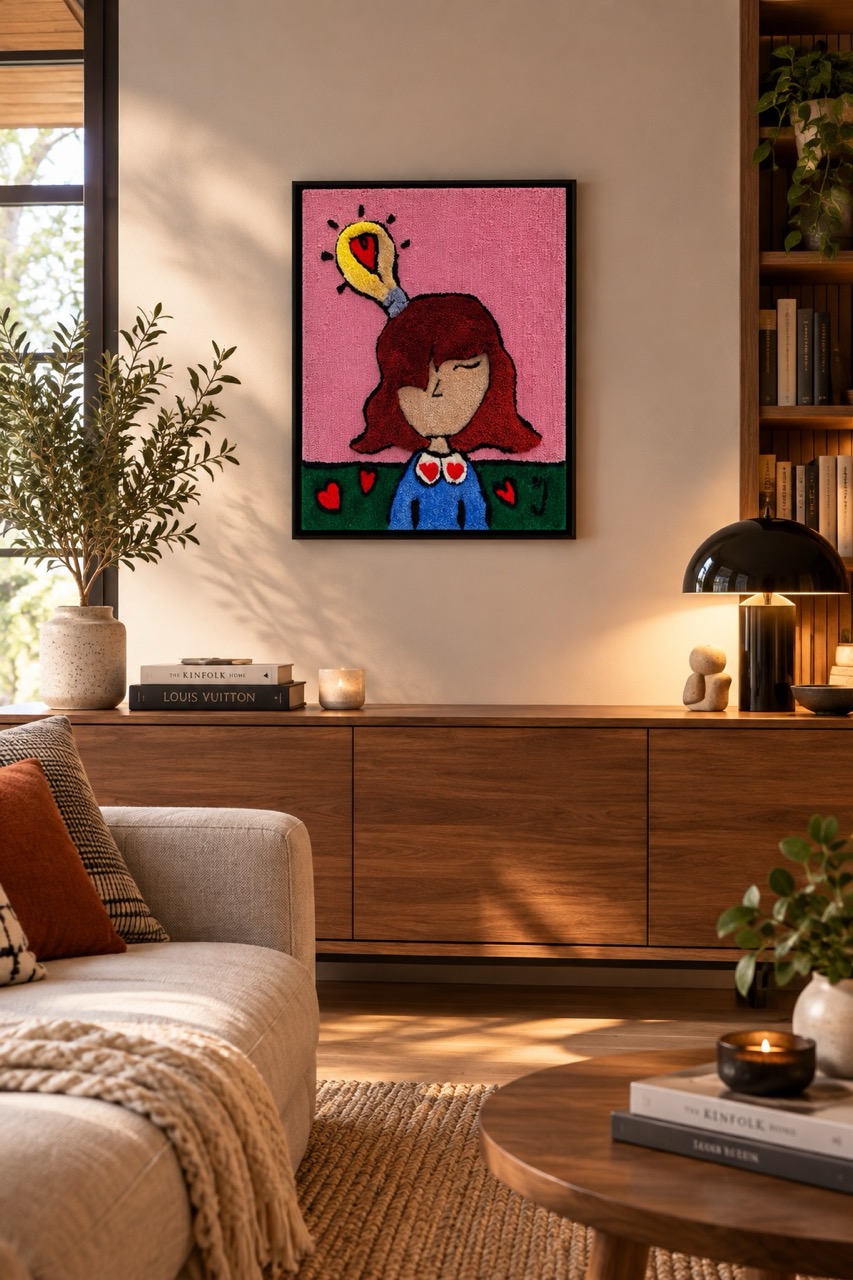 Tableau tufting L'étincelle de Mari Jinkings avec caisse américaine noire accroché au-dessus d'un meuble en bois dans un salon cosy